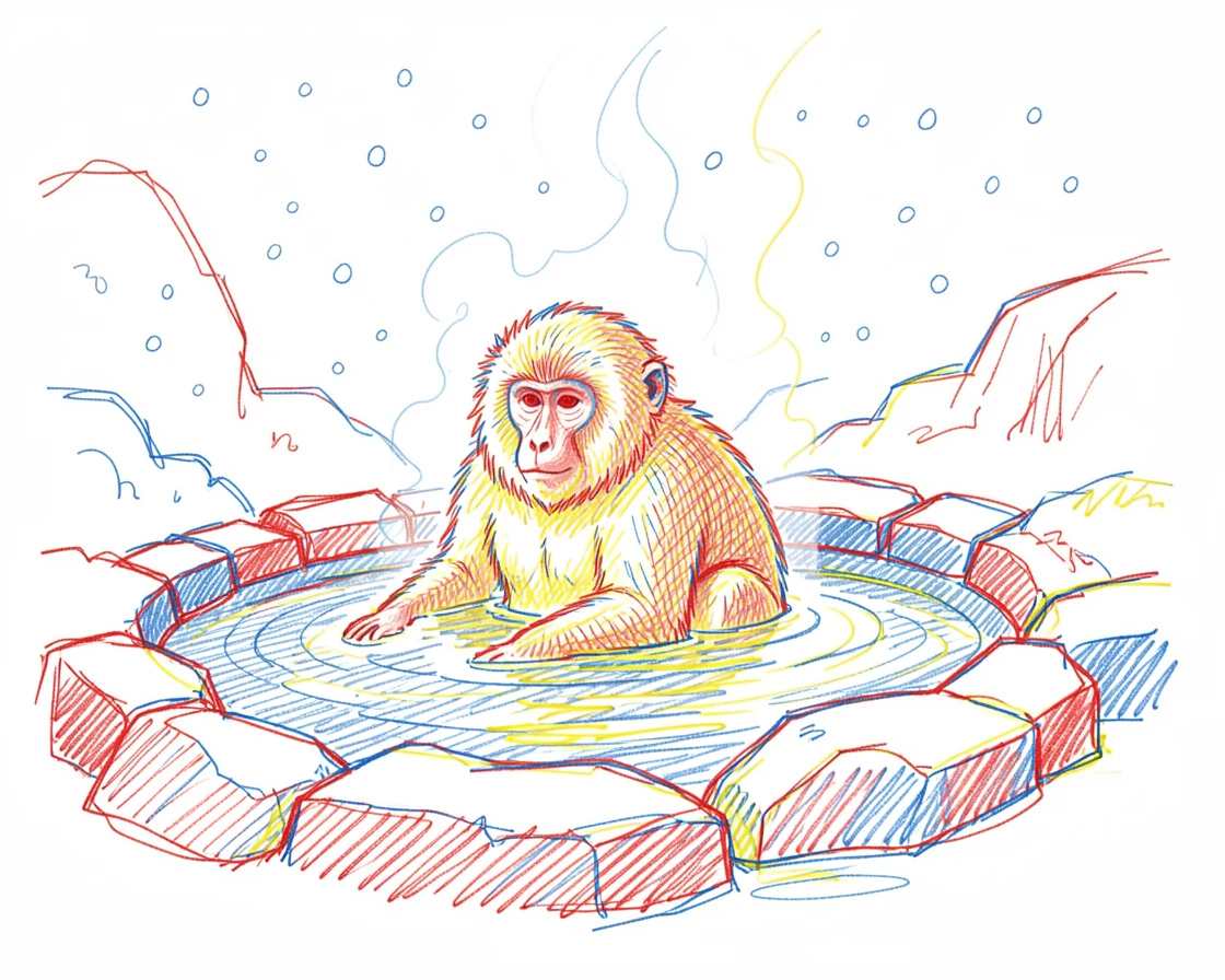 A snow monkey soaking in a steaming natural hot spring surrounded by falling snow