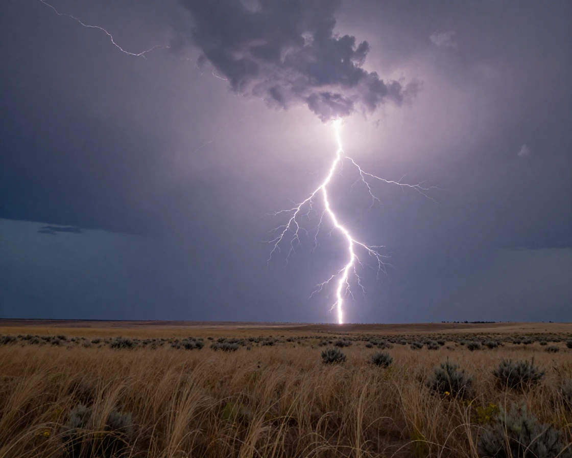 A dramatic lightning bolt striking over an open prairie