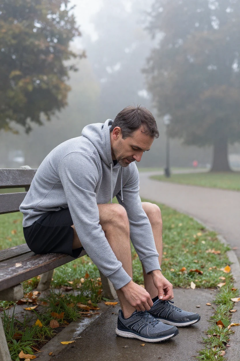 A man ties his shoelaces on a park bench before an early morning run through fog.