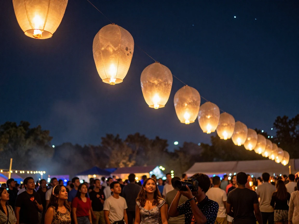 A row of glowing paper lanterns released into the night sky during a festival