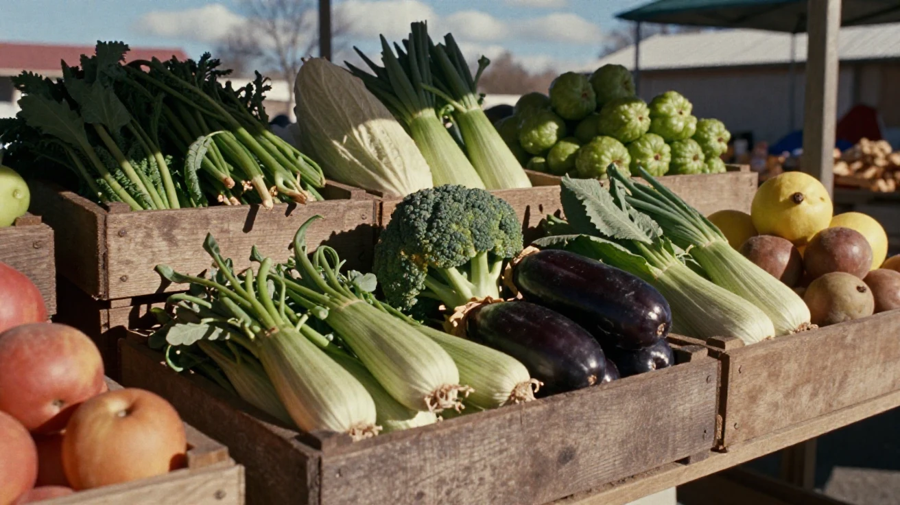 A bustling farmers market with crates of fresh vegetables and fruit, under harsh midday sun, under scattered clouds, in the depths of winter, with deep emerald greens and browns, in a tight close-up.