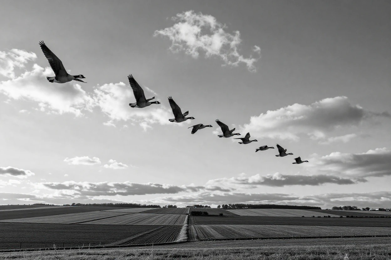 A flock of geese flies in formation across an open sky over a patchwork of farm fields.