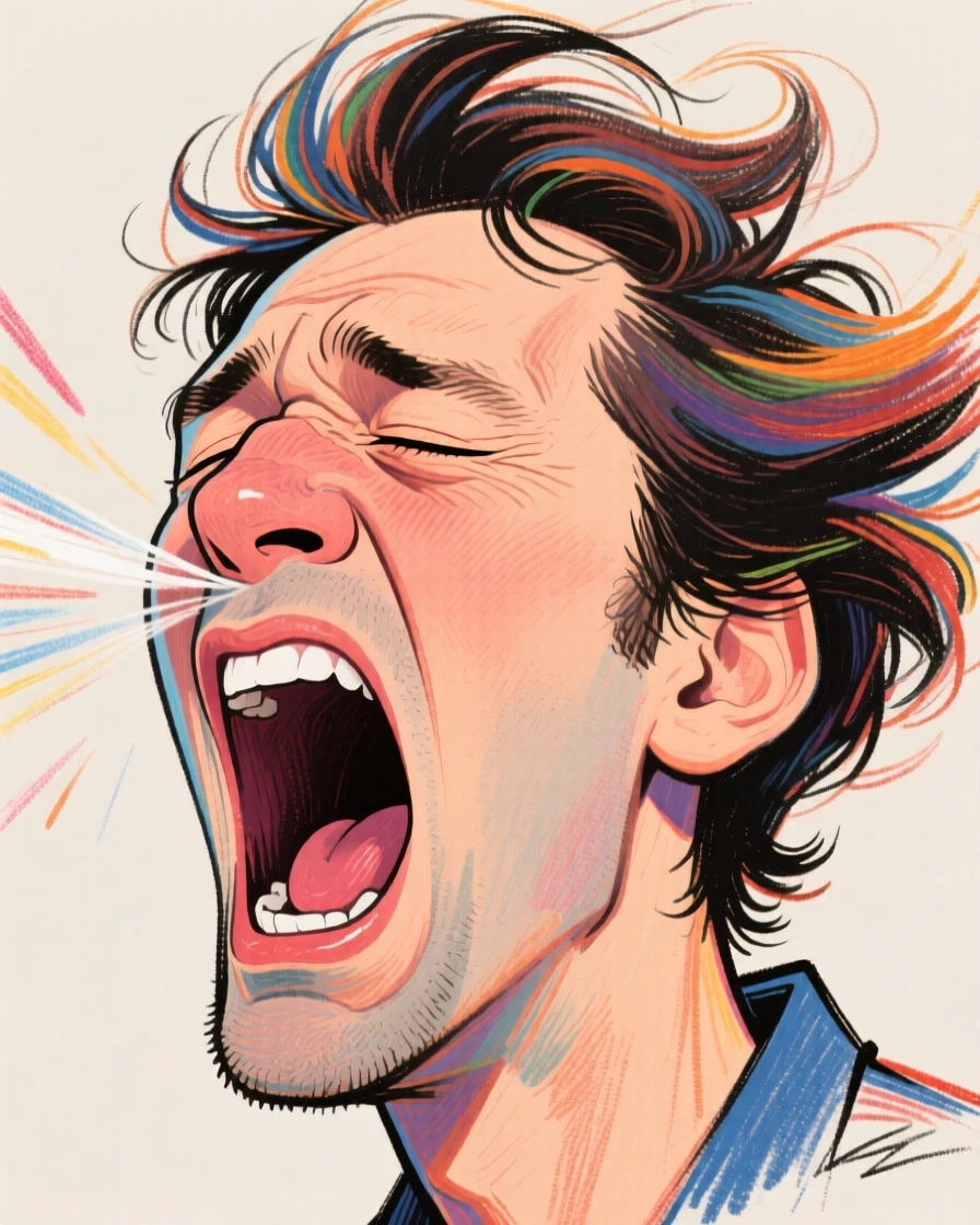 A man caught mid-sneeze with hair blown completely backward and eyes squeezed shut.