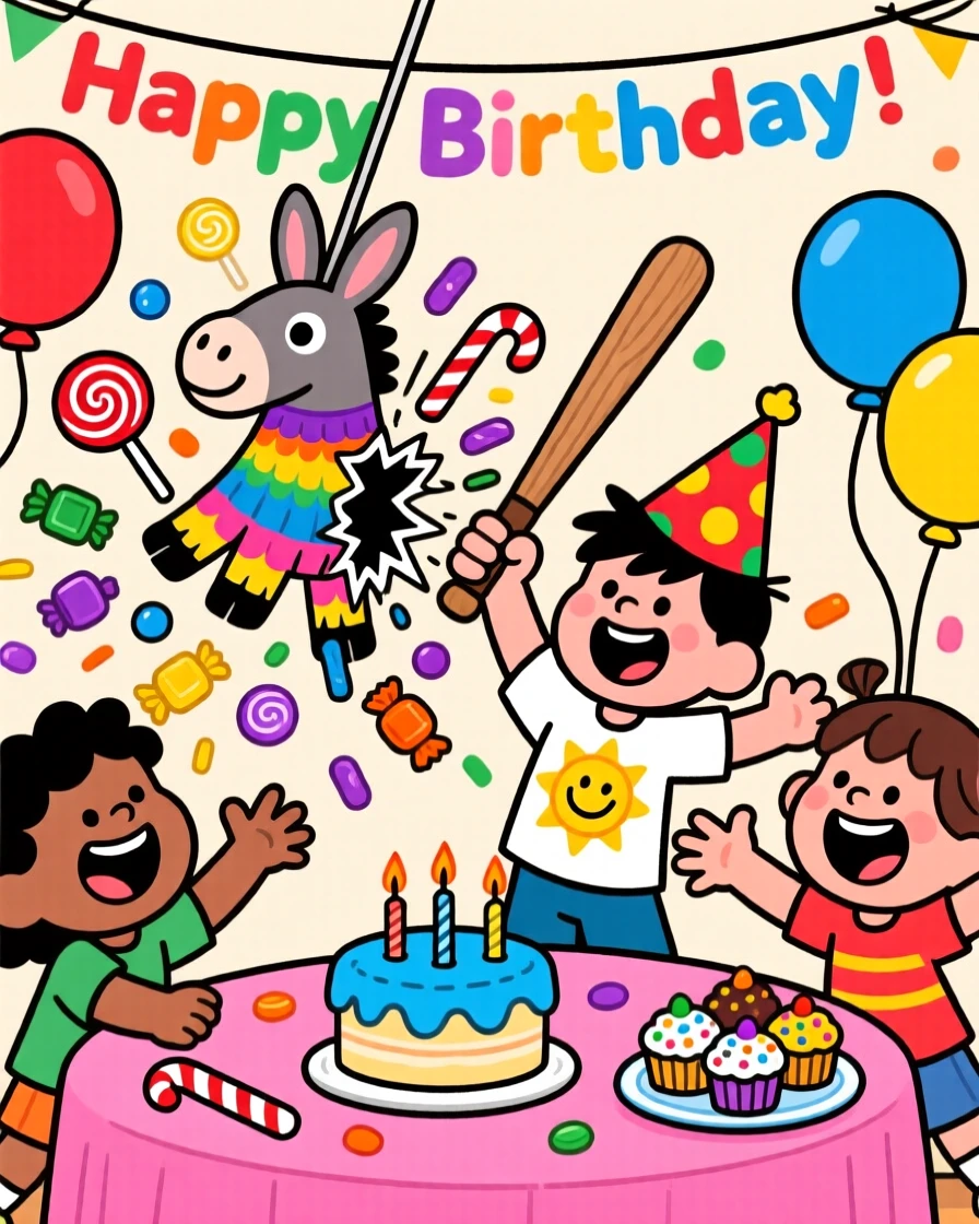 A festive celebration scene of children breaking open a piñata at a birthday party, candy spilling everywhere mid-swing.
