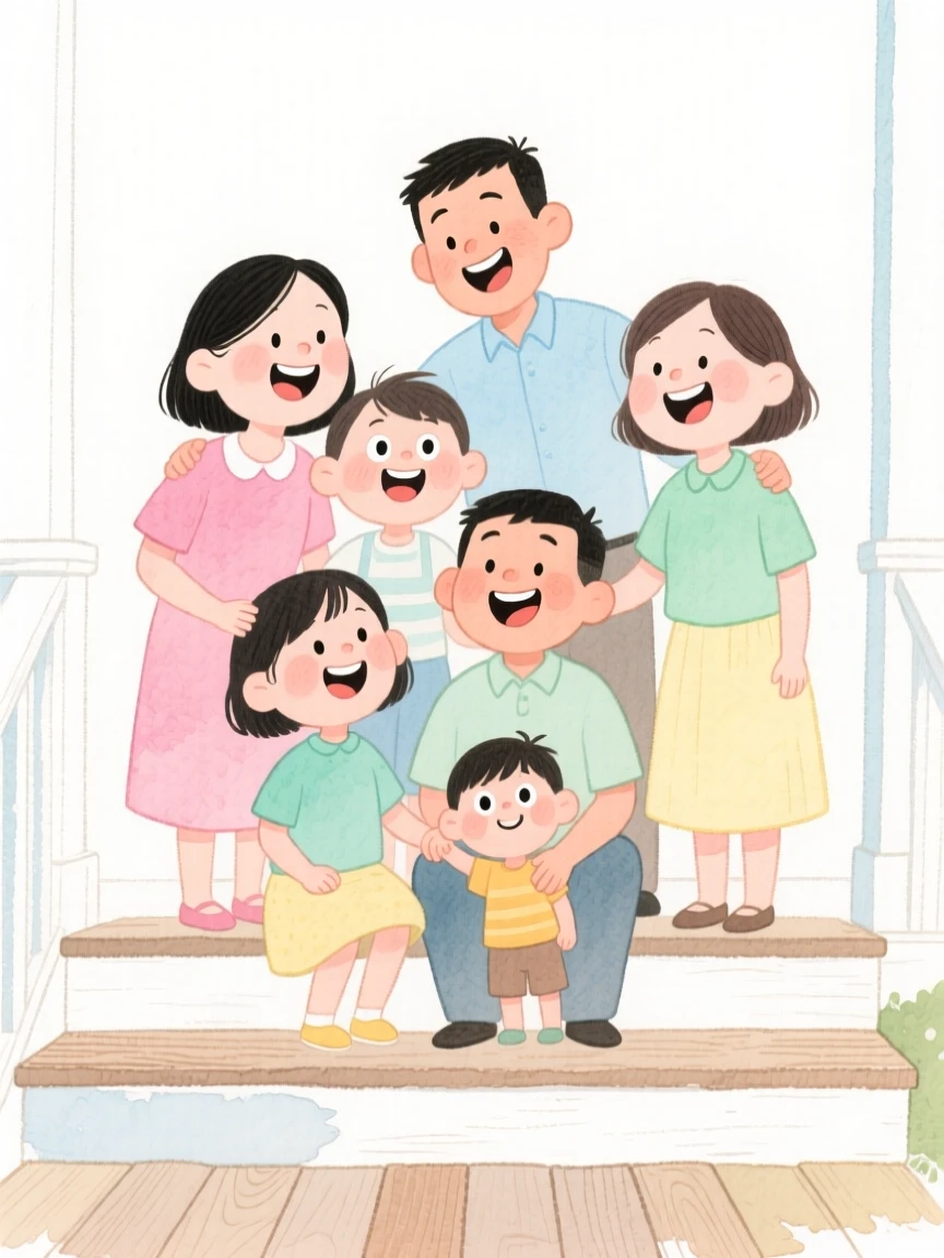 An adoptive family celebrating together gathered for a family portrait on the porch steps