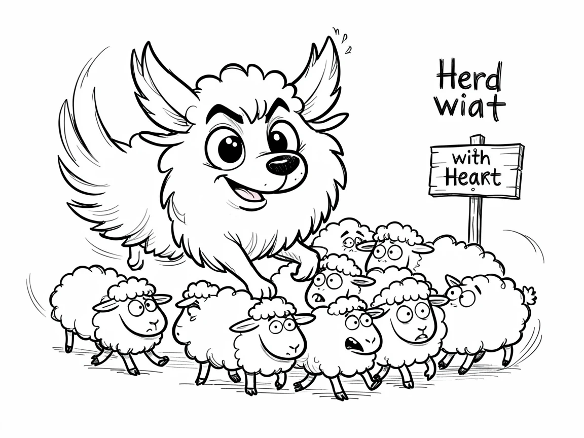 [Cute Animals & Pets] Adorable scene of a fluffy sheepdog herding a flock of confused sheep, bursting with charm and playful energy