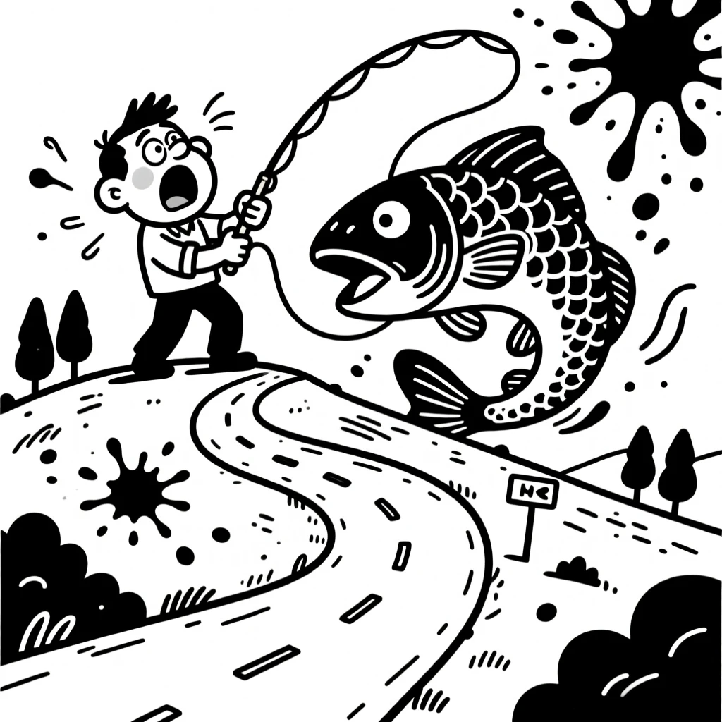 A fisherman reeling in a comically enormous fish, gasping for breath at the top of the hill, set on a winding country road. Paint splatters form an accidental abstract masterpiece. It's a joyful celebration of trying your best, wins and all.