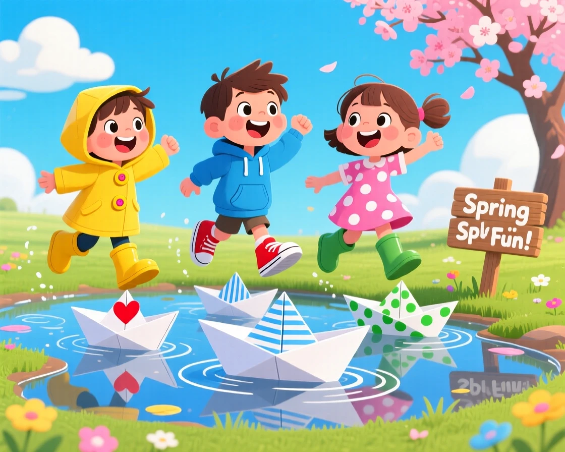Children flying homemade paper boats in spring puddles.