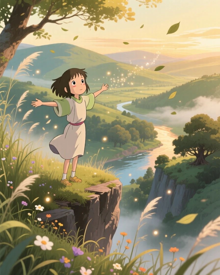 A tender moment of a person standing at the edge of a cliff, arms open to the wind, the scene quietly moving.