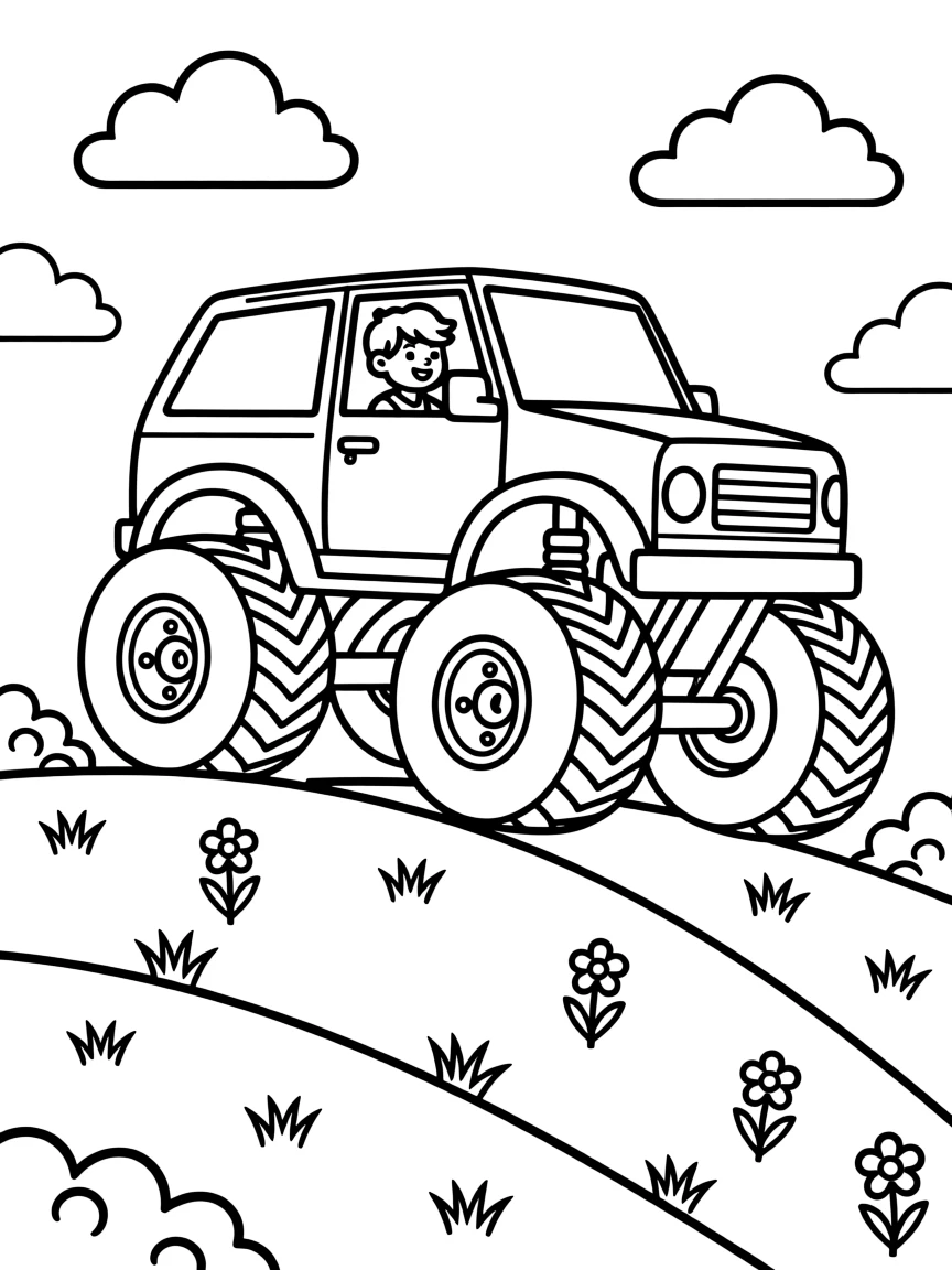 A monster truck driving over a row of bumpy hills