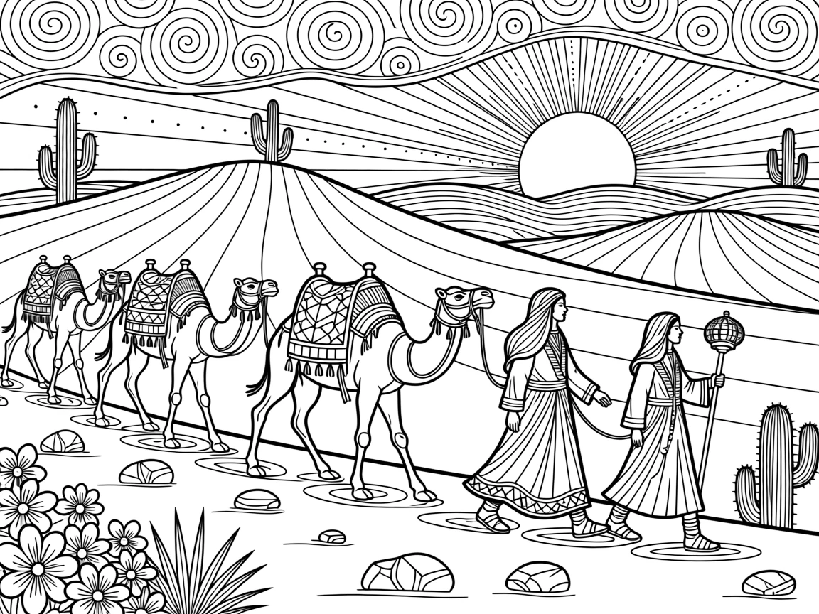 A camel caravan crossing rolling desert dunes at dusk.