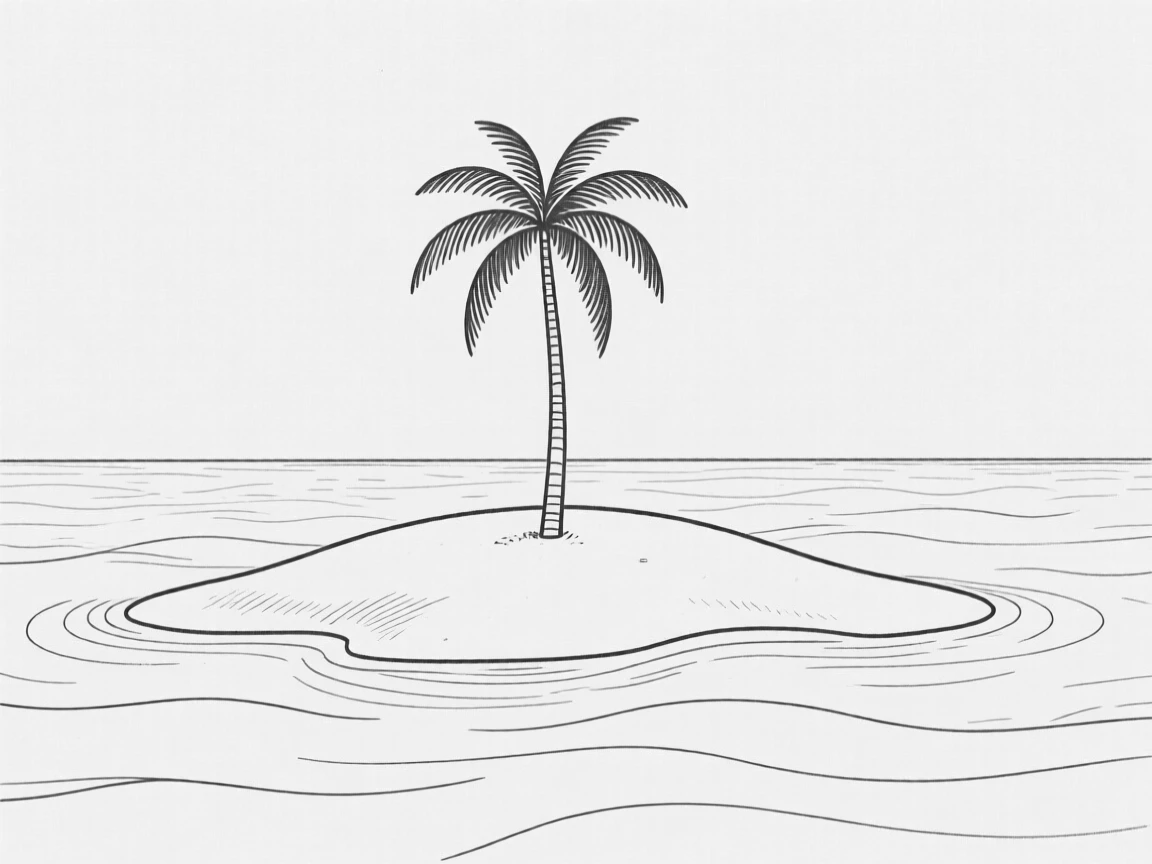 A remote island with a single palm tree surrounded by sea
