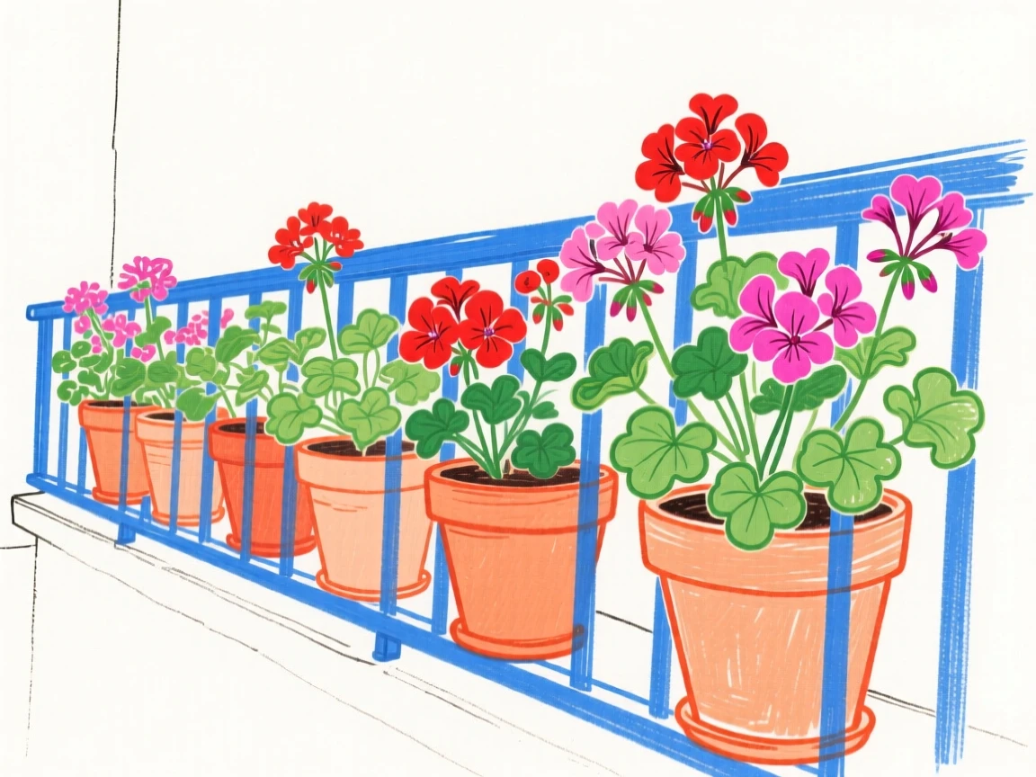A row of potted geraniums on a balcony railing.