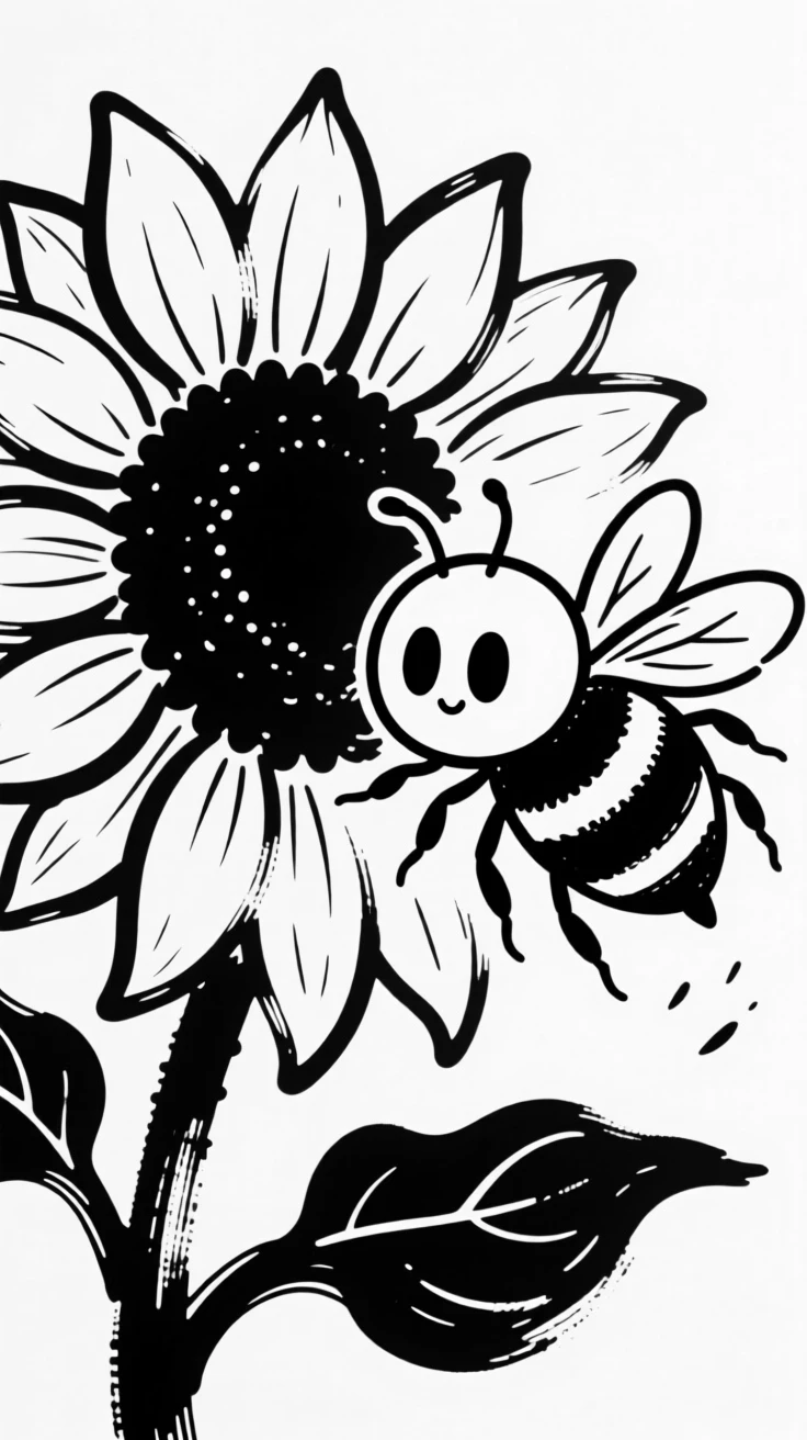 A round bee character with oversized eyes buzzing around a giant sunflower.