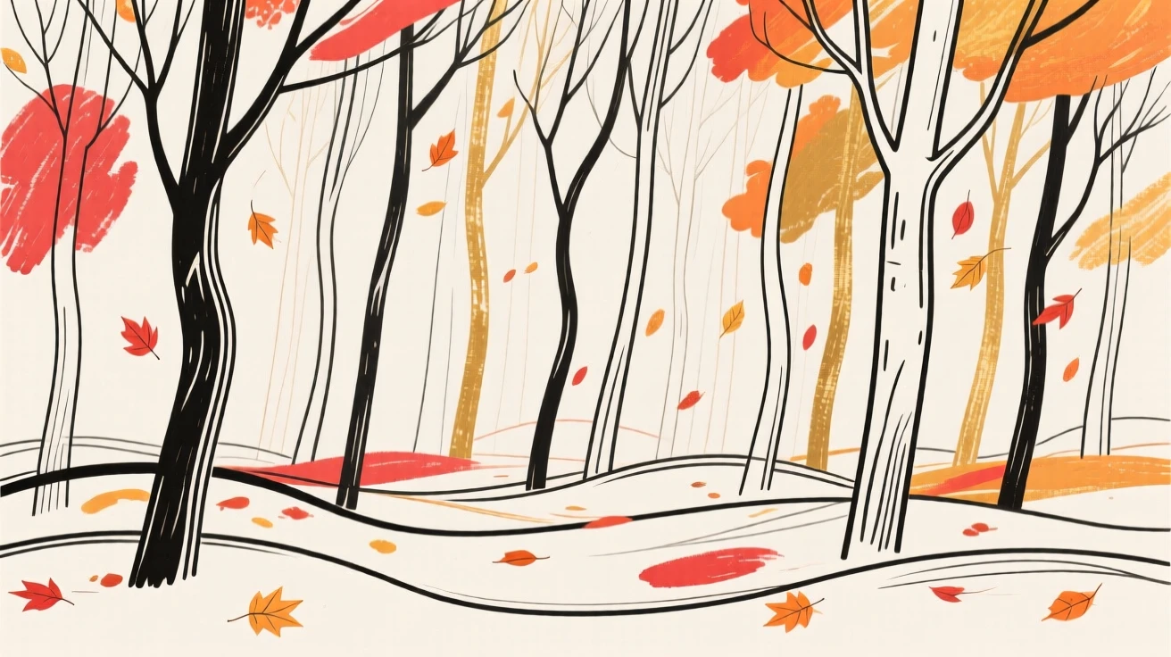 A tranquil autumn forest with leaves in shades of red, orange, and gold.