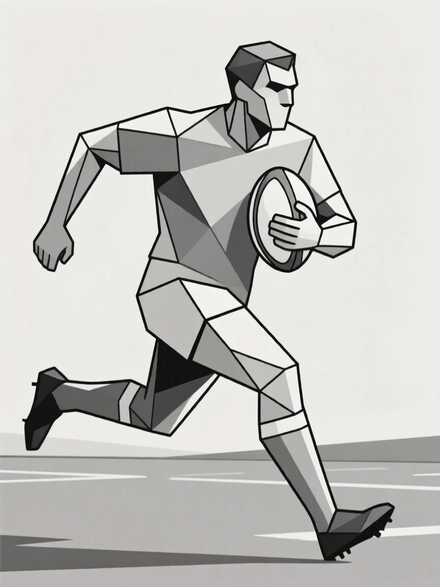 A rugby player charging forward with the ball
