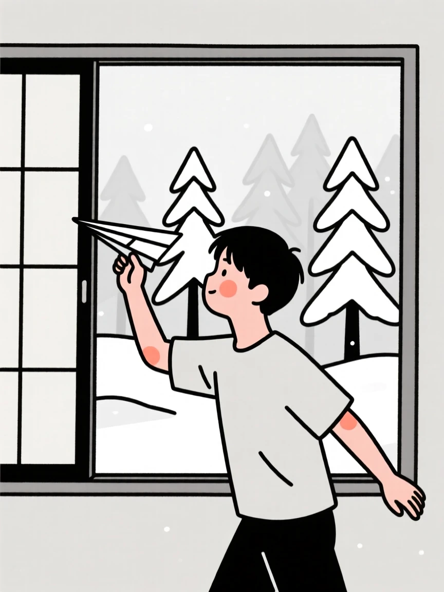 A young man of Japanese heritage flying a paper airplane indoors, in a snow-covered pine forest.
