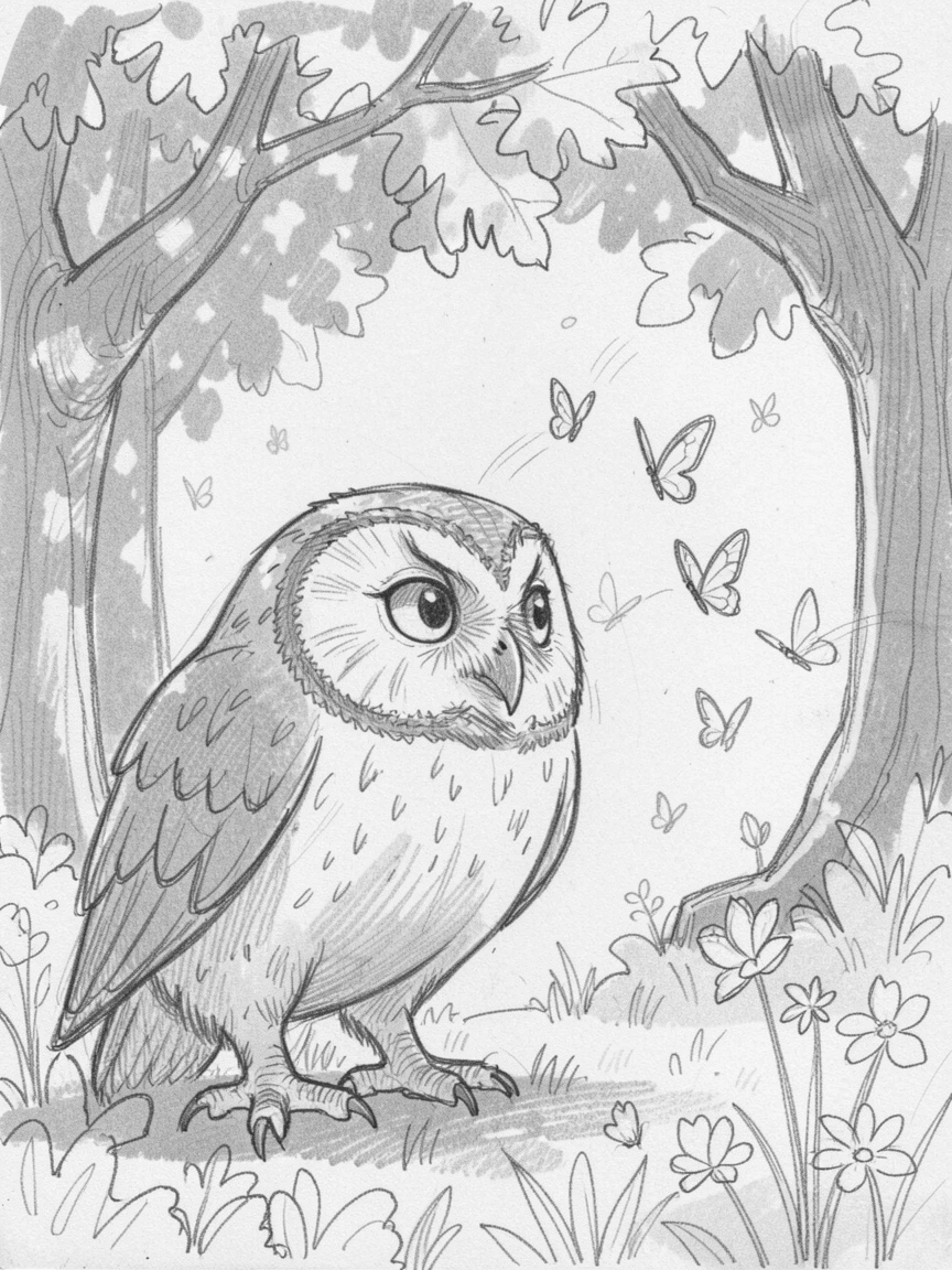 An adorable close-up of a wise-looking owl chasing butterflies through a garden, under the dappled shade of oak trees.