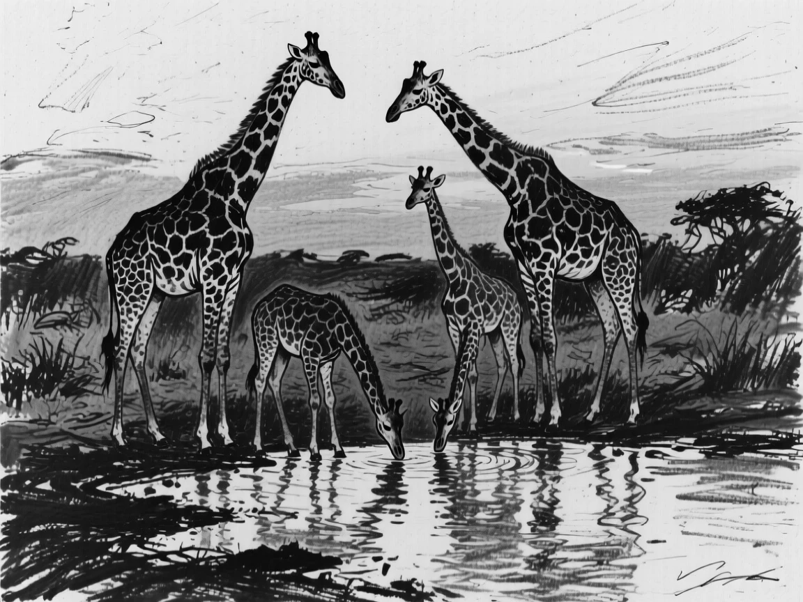 A giraffe family gathered around a watering hole at dusk.