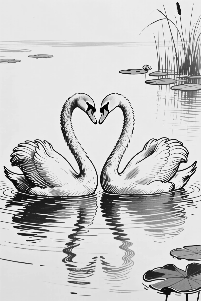A pair of swans forming a heart shape with their curved necks on a still lake.