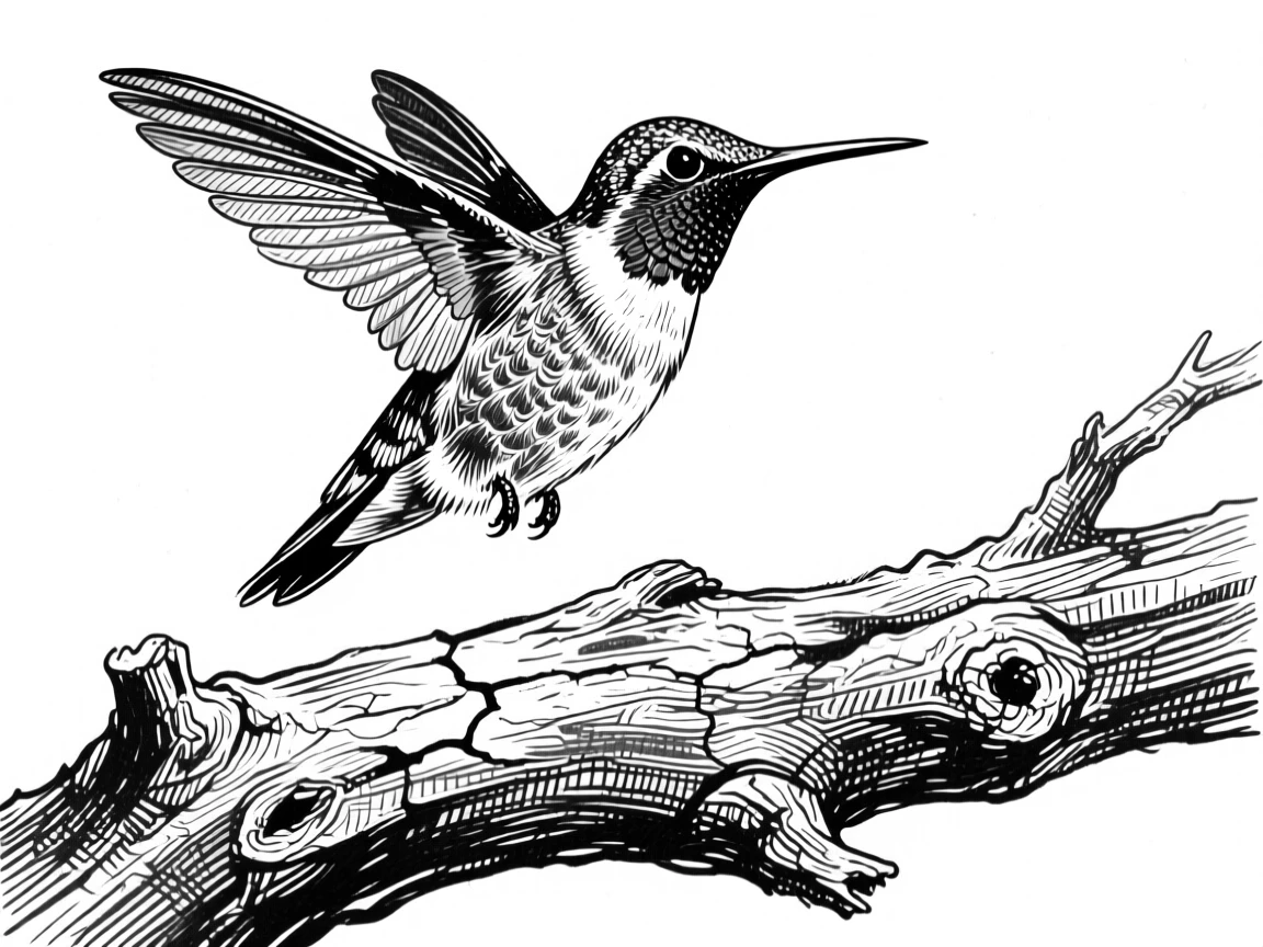 A hummingbird in flight atop a weathered tree branch, its fur catching the light, capturing a gentle and endearing moment in nature with a strong, centered focal point.