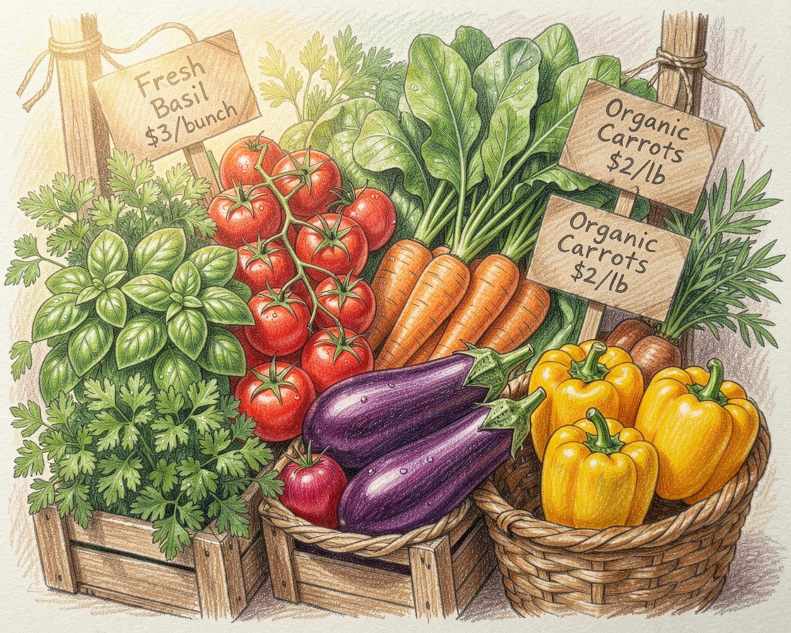 A market stall overflowing with fresh vegetables and herbs, with soft natural light highlighting the textures of the food, celebrating the joy of shared meals and gatherings.