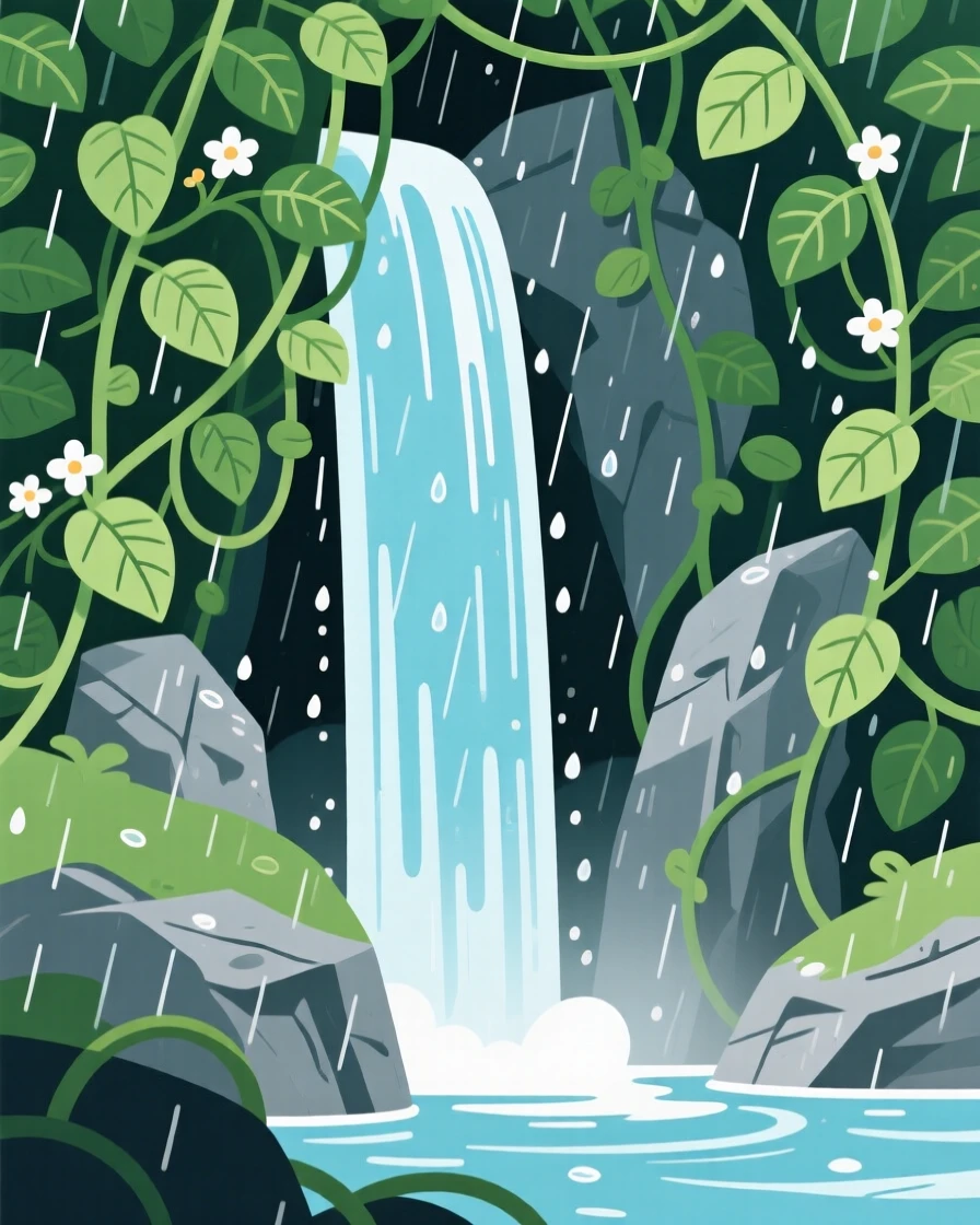 A hidden waterfall tucked behind a curtain of green vines, with a light rain shower passing softly through, composed with strong leading lines drawing the eye inward, with delicate textures visible in every leaf and petal.
