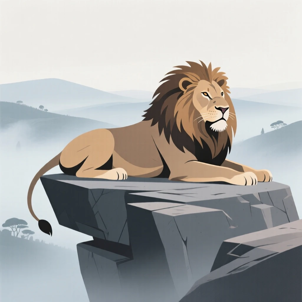 A majestic lion resting on a rocky outcrop overlooking the misty valley.