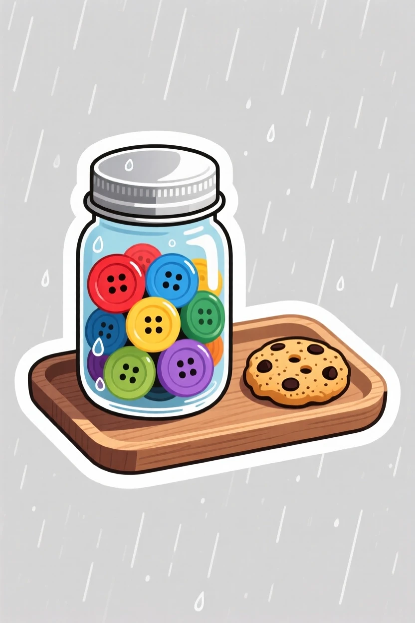 A comforting jar of colorful buttons, set on a tray with a single cookie, on a quiet rainy afternoon.