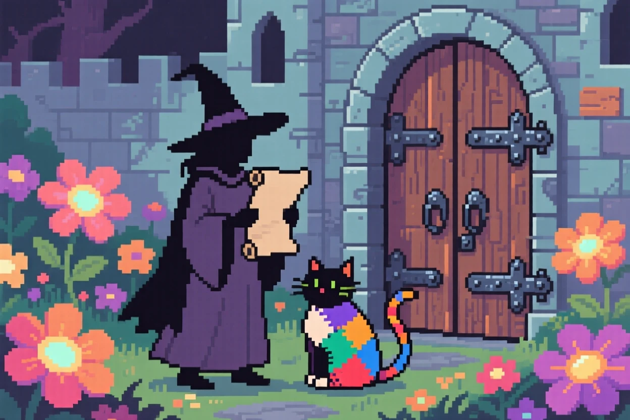 A witch with a patchwork cat delivering a scroll to a castle gate, within a garden of oversized enchanted flowers.