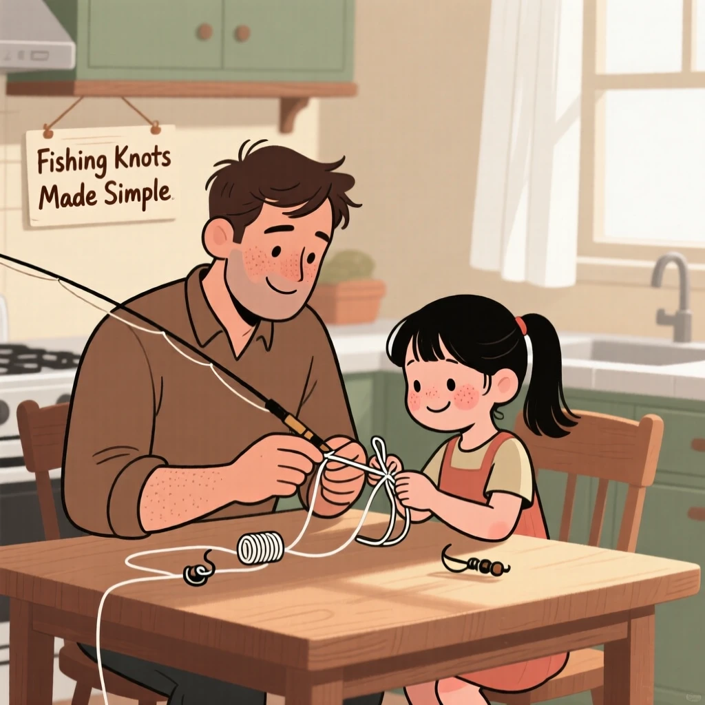 A father teaches a young girl how to tie a fishing knot at the kitchen table while morning light spills across the counter, both focused and smiling.