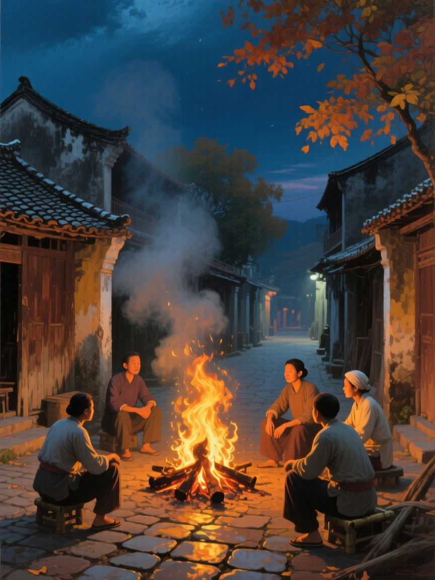 A panoramic view of a bonfire glowing warmly on a chilly autumn evening, in old Hanoi, under the night sky.