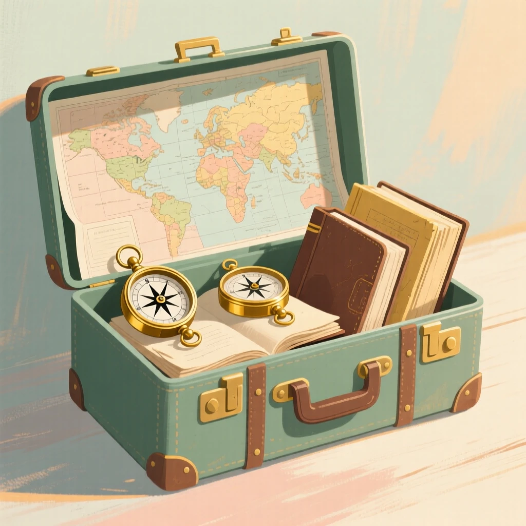 An old expedition trunk packed with maps, compasses, and journals