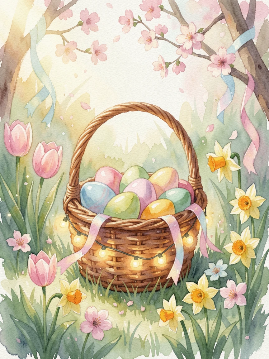 An Easter basket filled with colorful eggs in a spring garden with festive decorations glowing softly.
