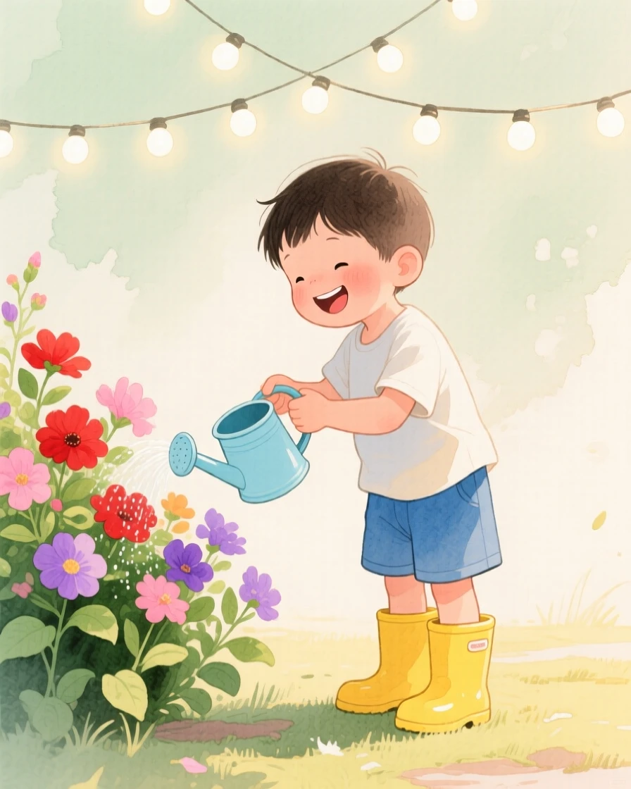 A young boy in rain boots waters flowers with a tiny can under a canopy of string lights, laughter and joy filling the warm afternoon air