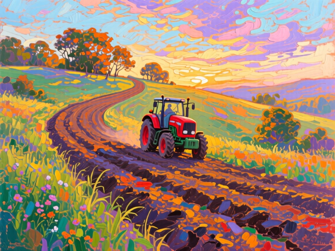 a tractor following curved rows on a hillside, on a gentle summer evening, composed along a natural leading line.