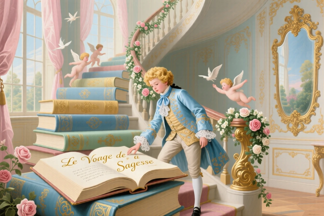 A young prince climbing a staircase built from giant books  