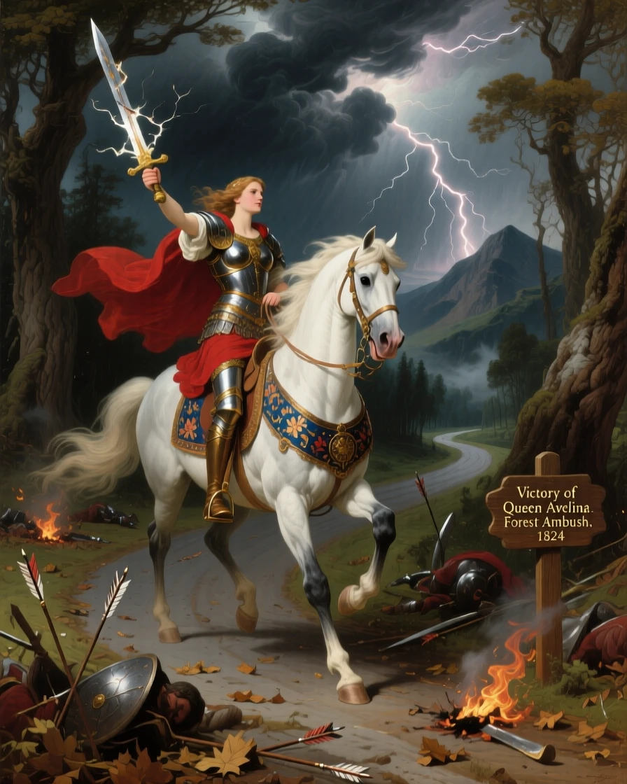 A warrior queen returns triumphant from an ambush along a forest road as thunder rolls overhead.