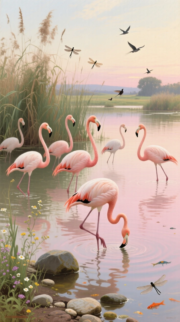 A flamingo flock wading through a shallow pink-hued lagoon, as the surrounding wildlife goes on undisturbed, showing the animal in its truest, most authentic element