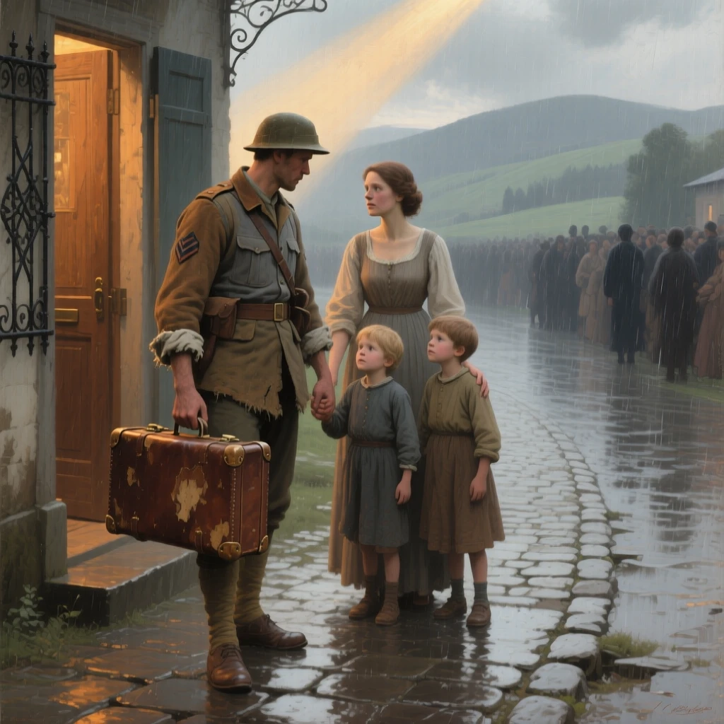 A soldier returning home to find his family waiting at the door as the weight of years finally lifts, set on a rain-soaked road leading toward distant hills, with worn traveling clothes and a battered suitcase telling their own story; diagonal light spills across the reunited figures, isolating them from the crowd, overflowing with tenderness, relief, and quiet triumph.