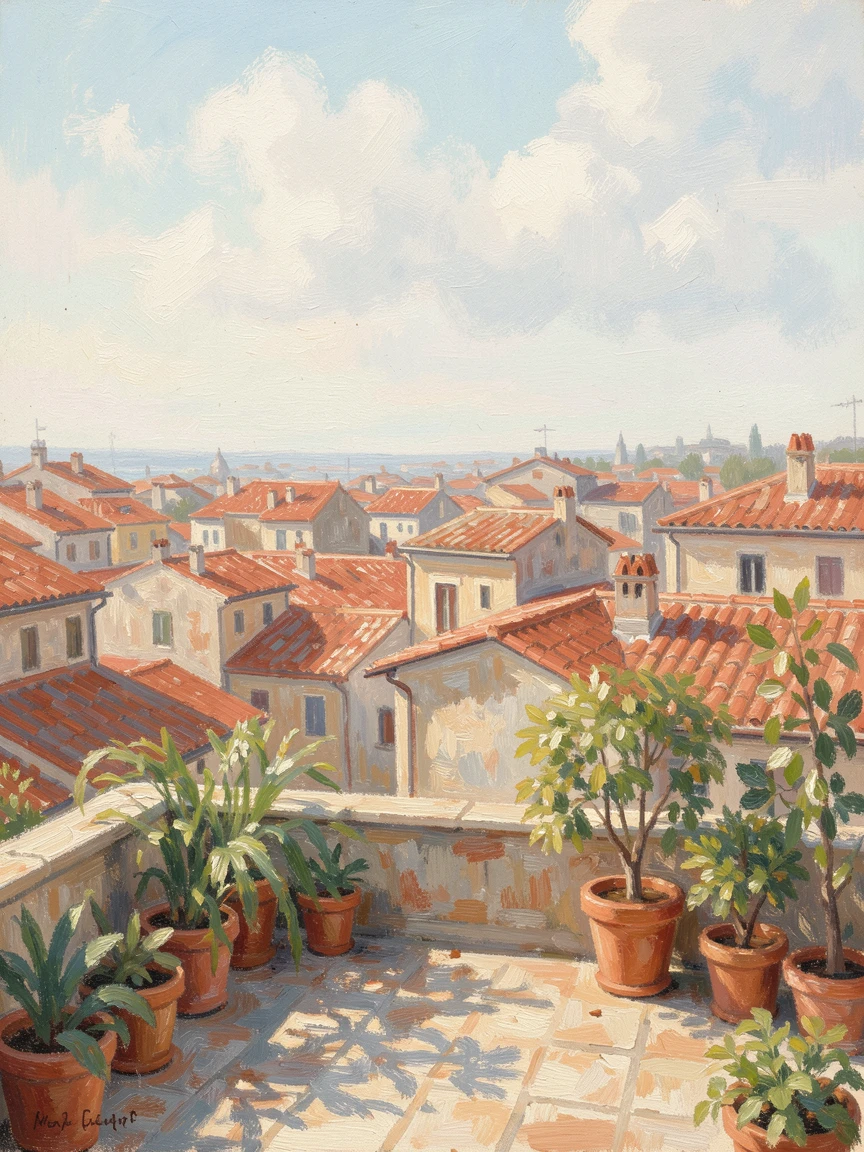 A sunlit rooftop terrace overlooking a sea of red-tiled roofs in a historic Mediterranean town.