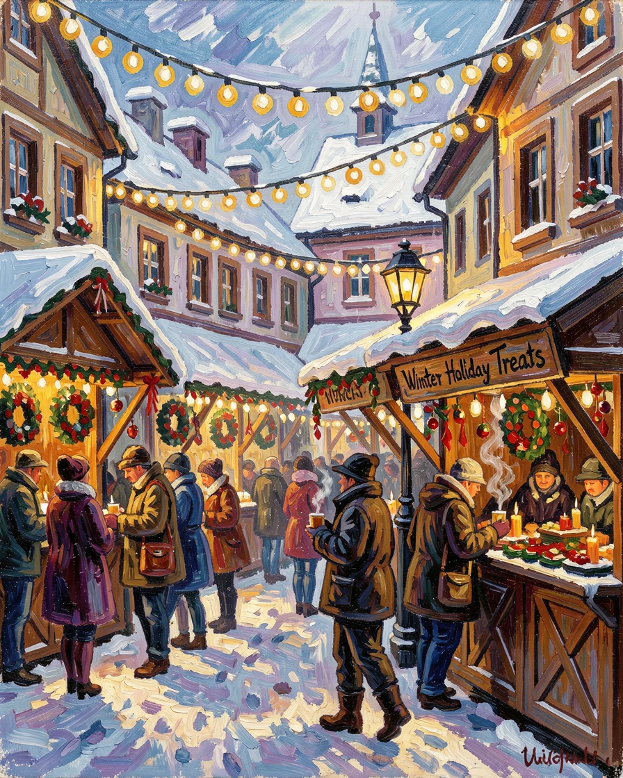 A snow-covered square in a small European town, string lights glowing above a Christmas market.