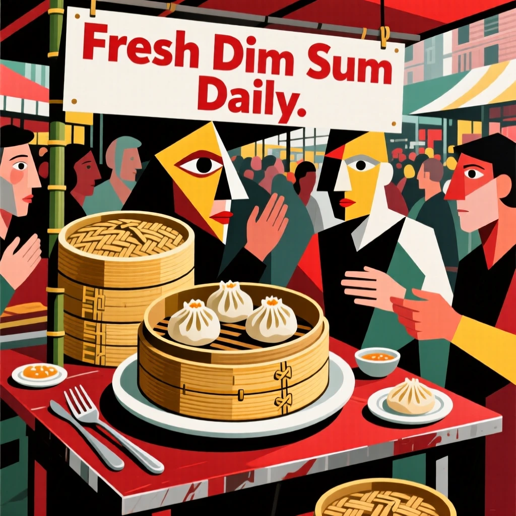 A mouthwatering image of a plate of dim sum in bamboo steamers displayed at a bustling outdoor market stall.
