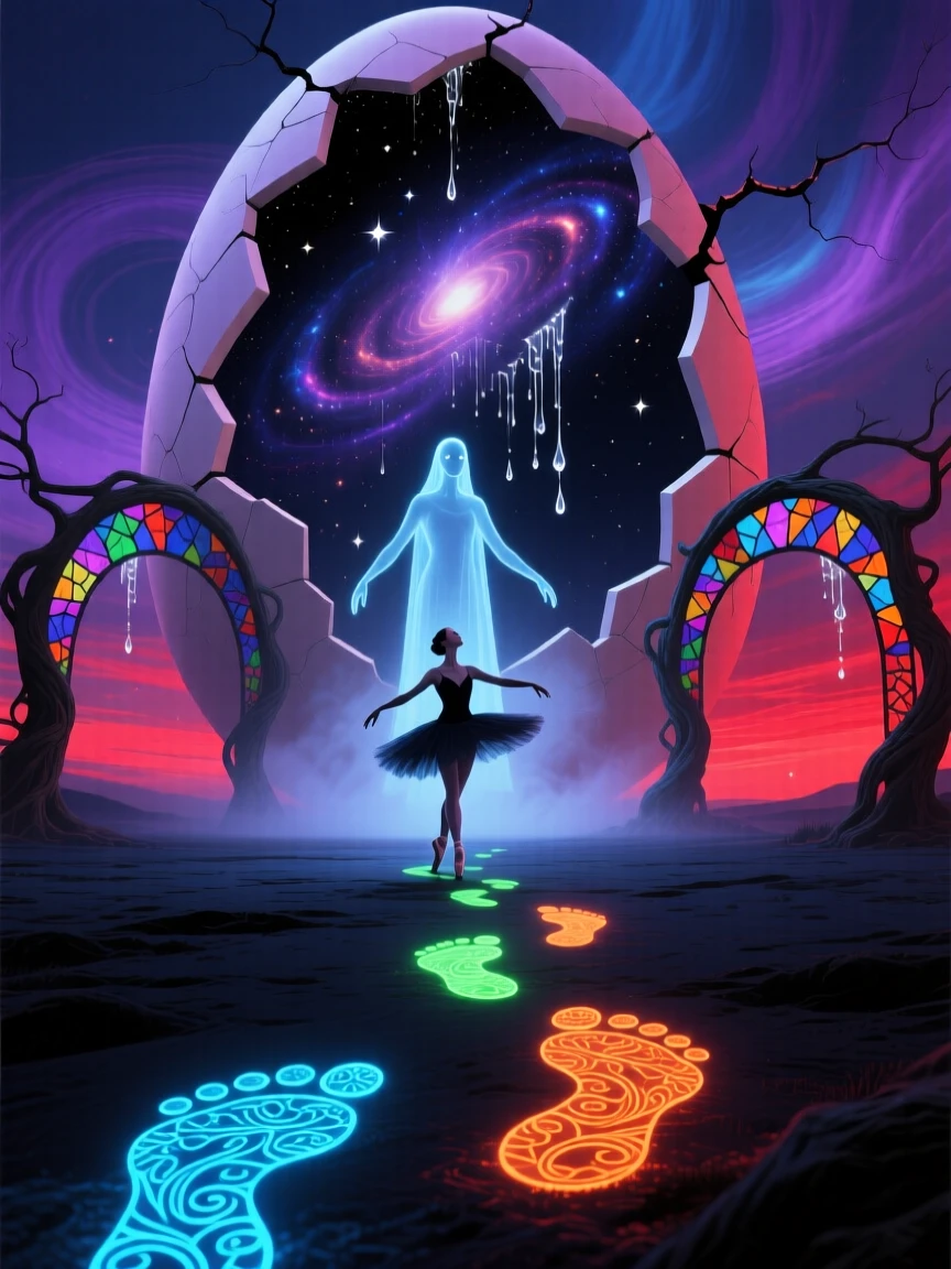 A dancer whose feet leave trails of glowing footprints gazes upward at a sky splitting open like an eggshell, while a second, ghostly version of them lingers behind.