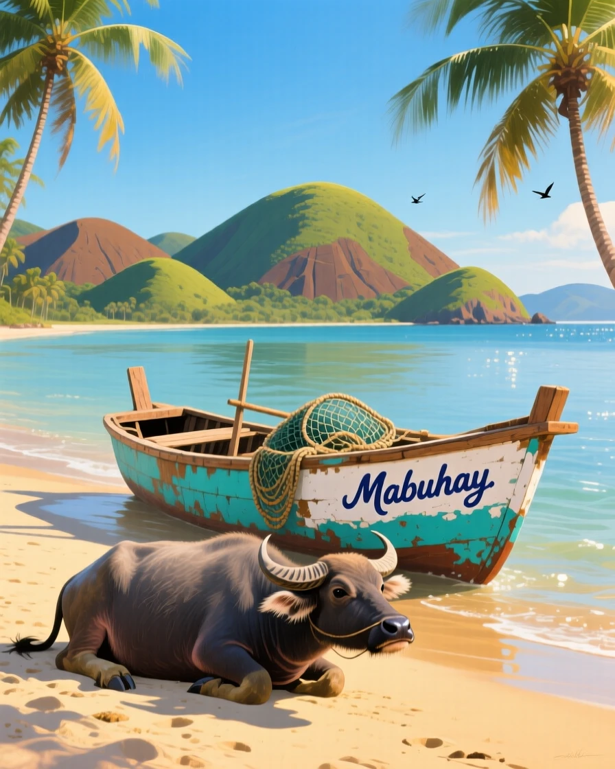 A tropical beach in the Philippines shows Chocolate Hills visible in the distance, water buffalo resting near a fishing boat on the golden sand, the whole scene holding a quiet, unhurried stillness broken only by distant natural sounds.