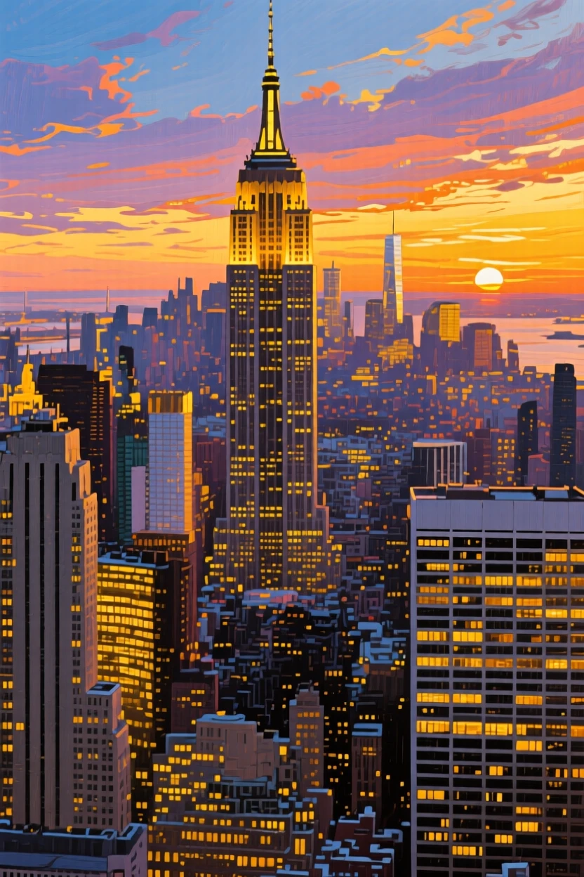 The skyline of New York City at dusk, skyscraper windows glowing gold as the sun sets behind them