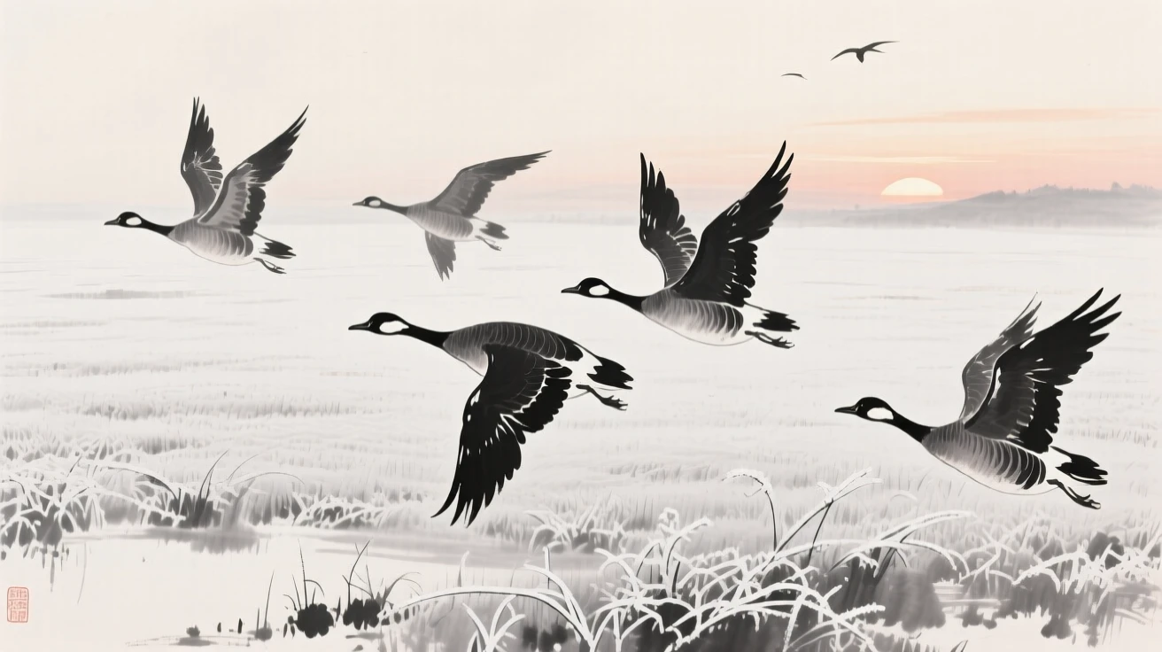 Wild geese take flight from a frost-covered field at dawn, as the last light of day fades over the horizon.