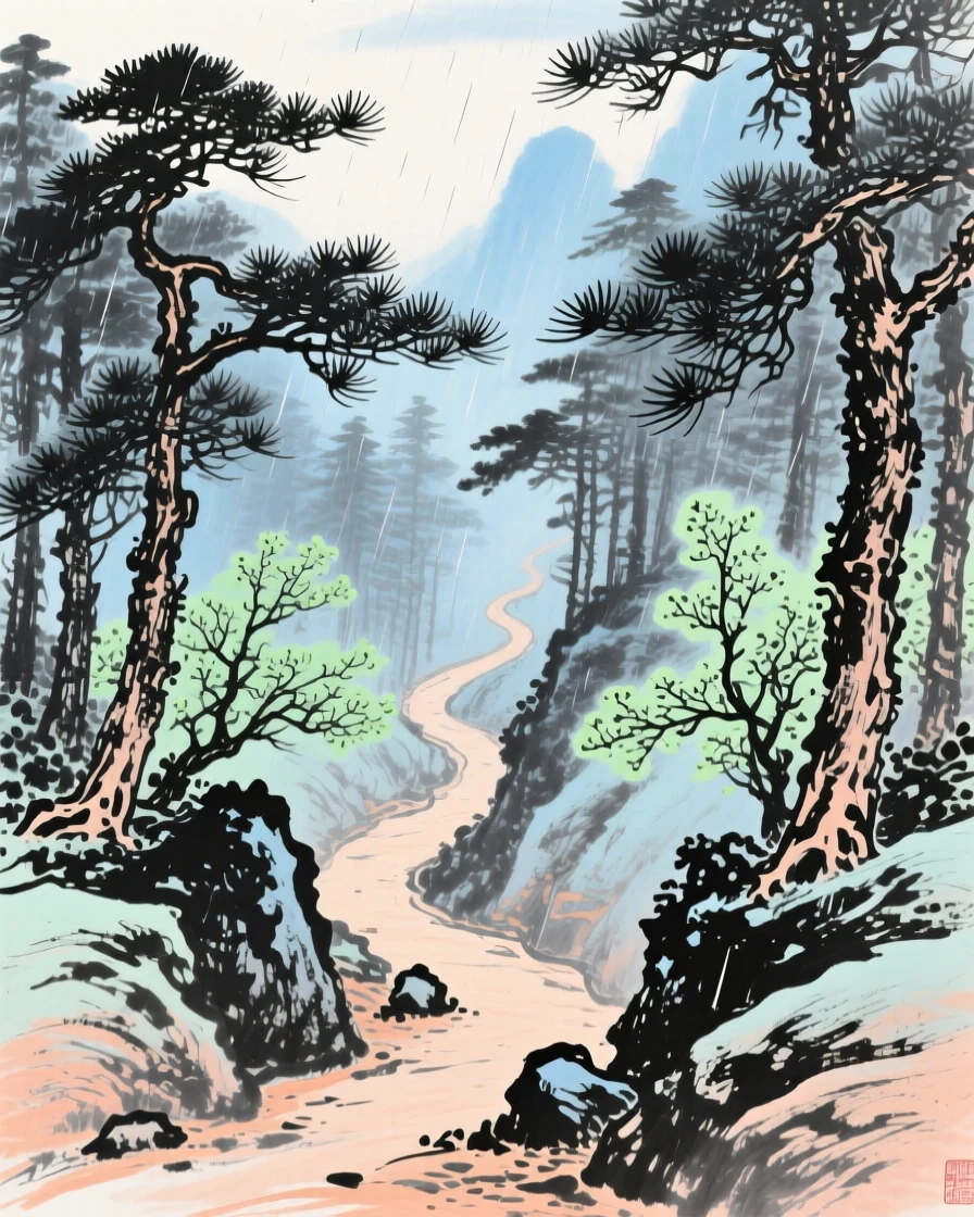 A narrow mountain path winding through pine forest, beneath a sky washed clean by rain, in early spring.