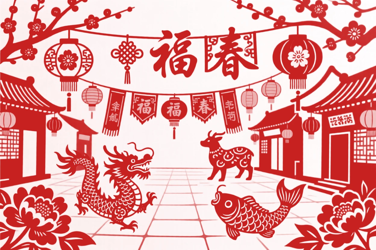 A scene of a village square decorated for the new year, filled with the warm glow of hundreds of lanterns, with banners embroidered with characters of good fortune.
