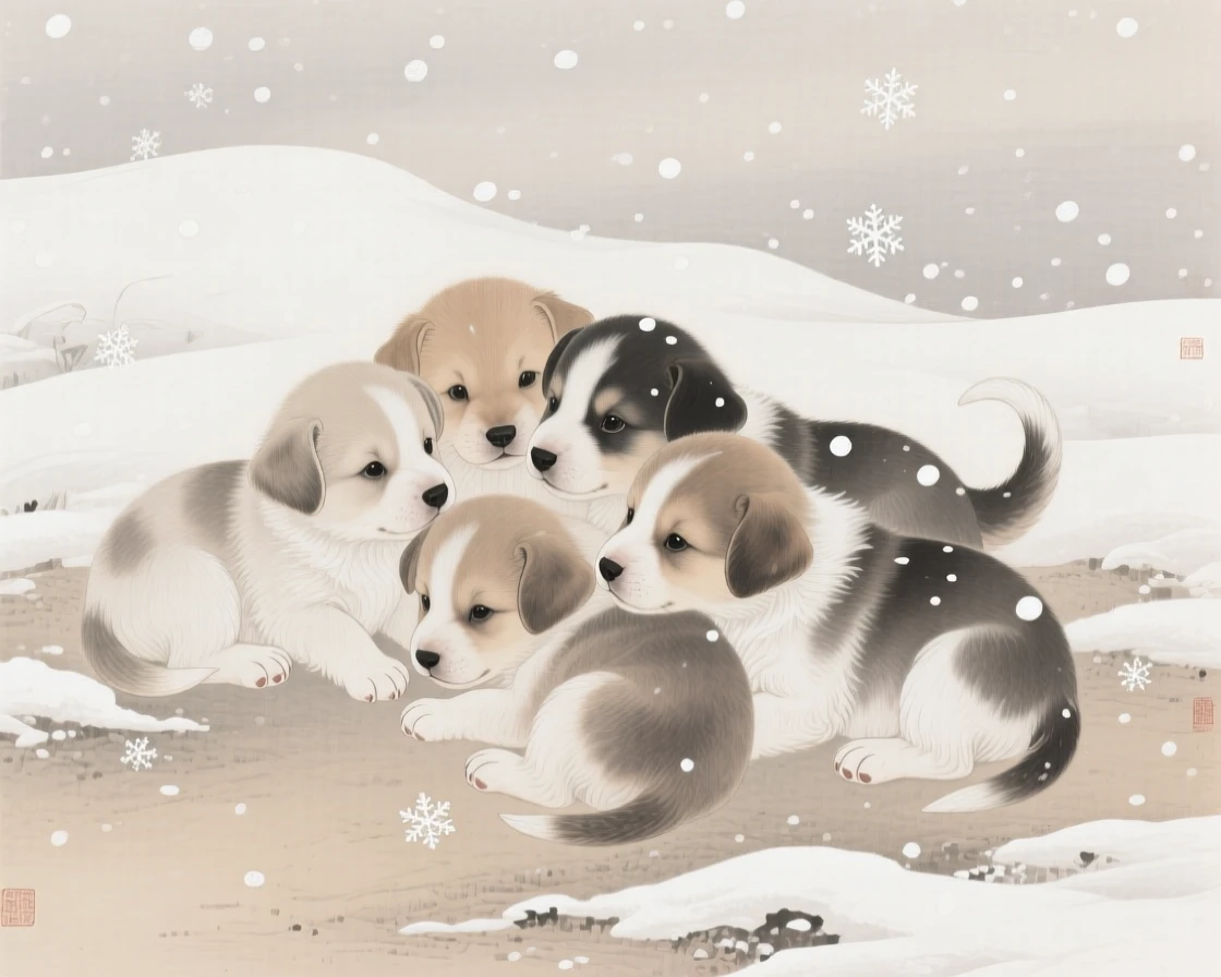 A litter of puppies huddled together for warmth in a light snowfall